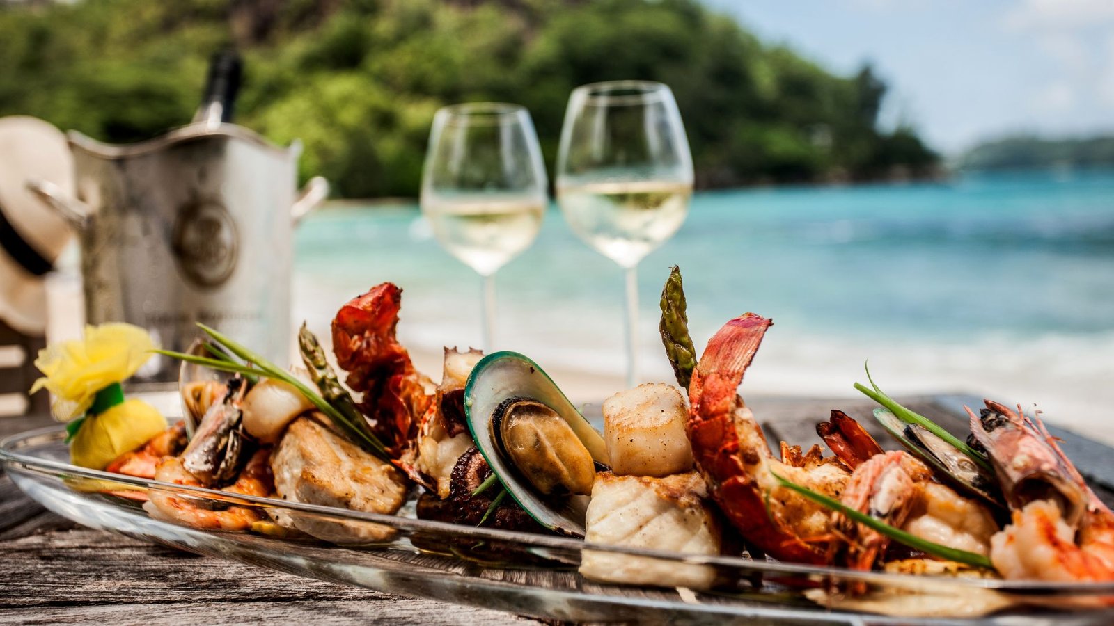 Seafood and wine on the beach