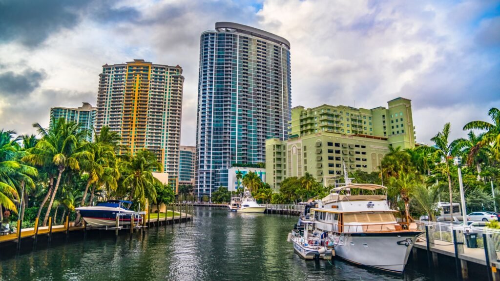 Boat in sorrounded by buildings