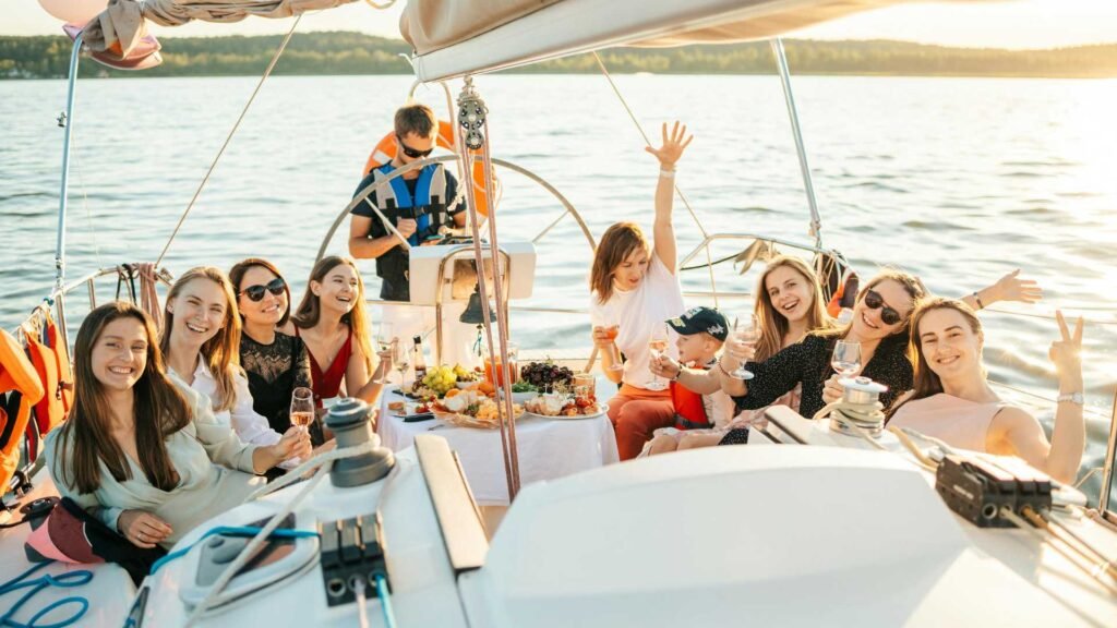 a group of people on a sailboat