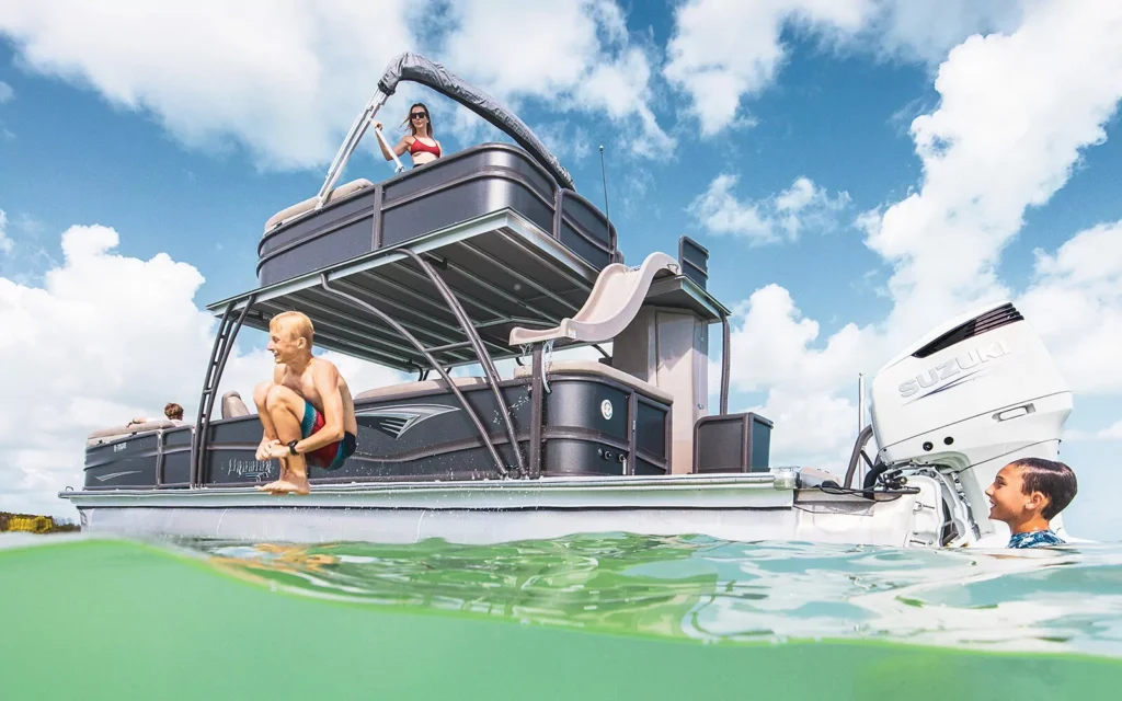 Luxury XL Double Decker Pontoon Party: Captain / Waterslide / Bathroom / Kitchen / BYOB / Water toys / Premium Sound